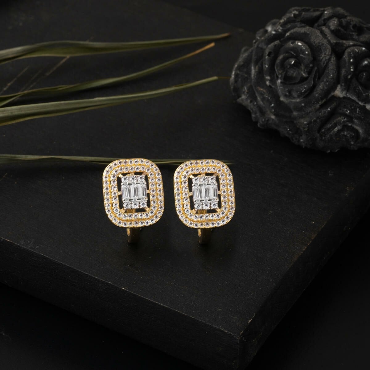 14K Yellow Gold Design Baguette Cubic Zirconia Earrings
