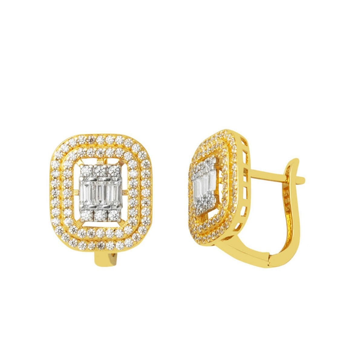 14K Yellow Gold Design Baguette Cubic Zirconia Earrings