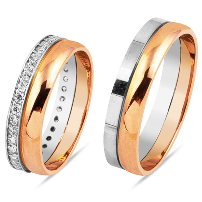 14K Rose Gold Couple Cubic Zirconia Wedding Band Set