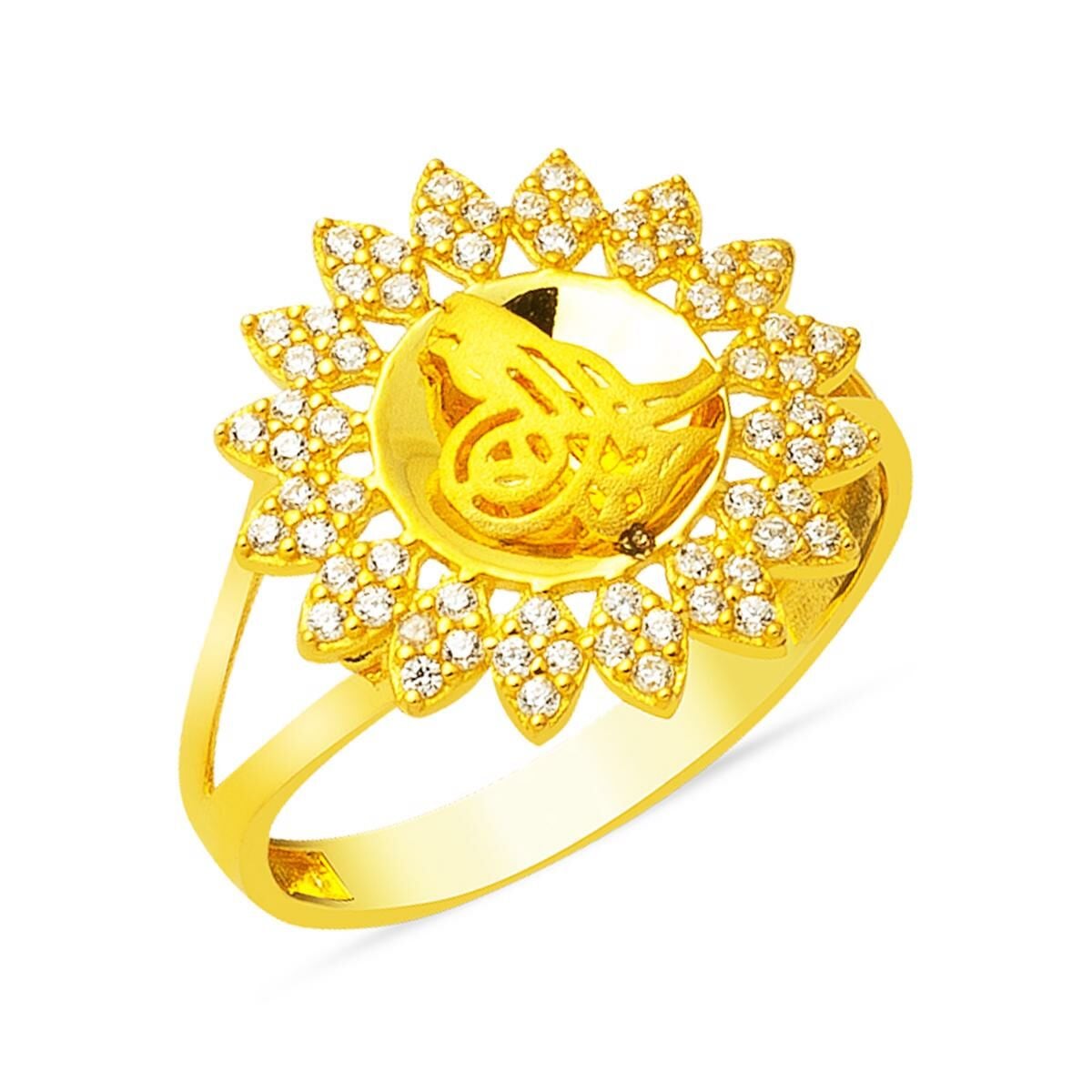 14K Yellow Gold Ottoman Tughra Cubic Zirconia Ring (2.46 g)