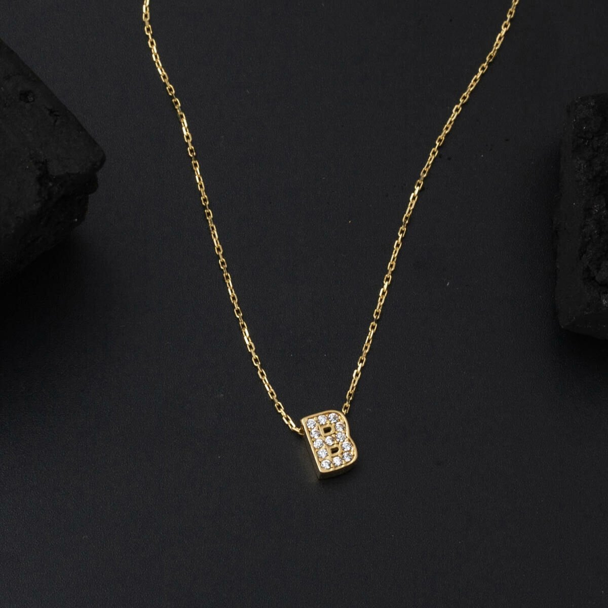14K Yellow Gold B Initial Minimalist Cubic Zirconia Necklace