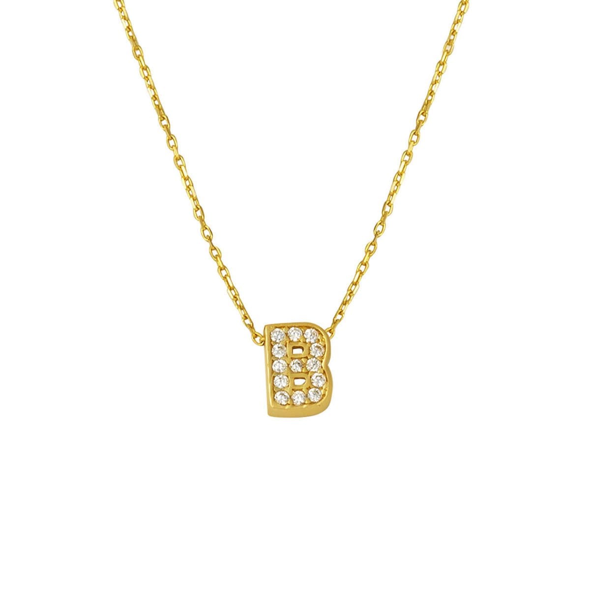 14K Yellow Gold B Initial Minimalist Cubic Zirconia Necklace