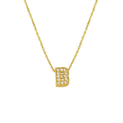 14K Yellow Gold B Initial Minimalist Cubic Zirconia Necklace