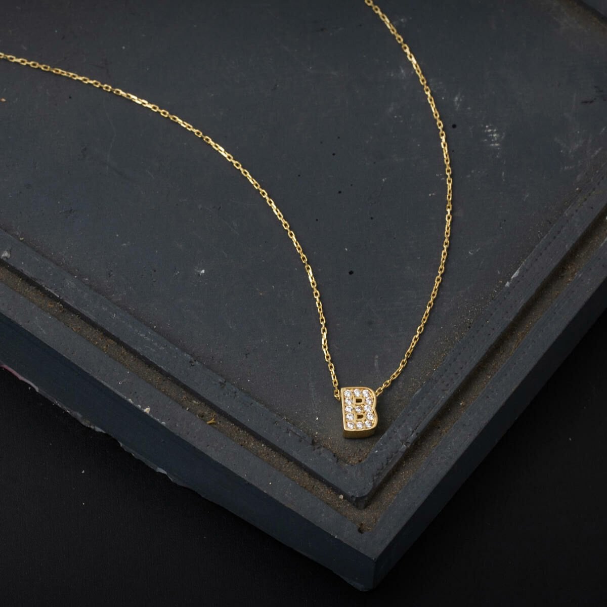 14K Yellow Gold B Initial Minimalist Cubic Zirconia Necklace