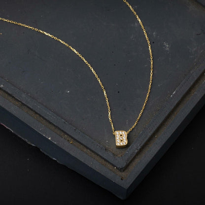 14K Yellow Gold B Initial Minimalist Cubic Zirconia Necklace
