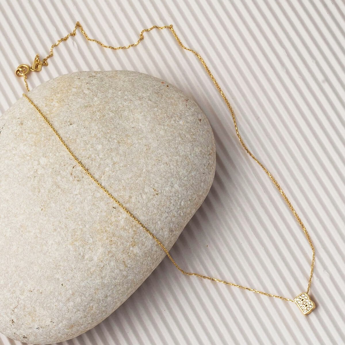 14K Yellow Gold B Initial Minimalist Cubic Zirconia Necklace