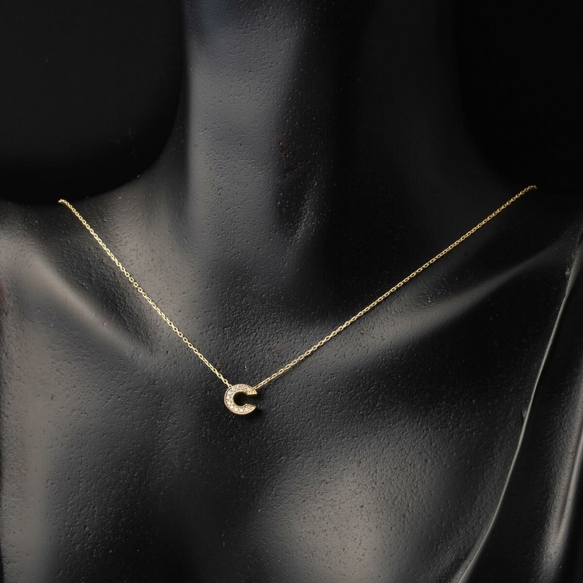 14K Yellow Gold C Initial Minimalist Cubic Zirconia Necklace