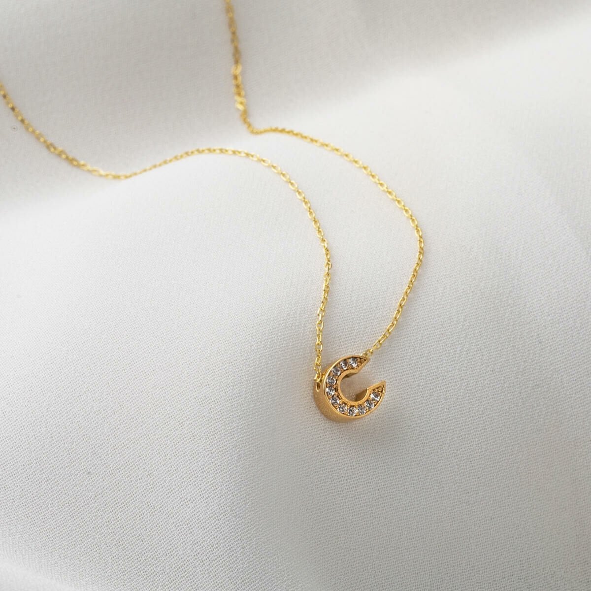 14K Yellow Gold C Initial Minimalist Cubic Zirconia Necklace