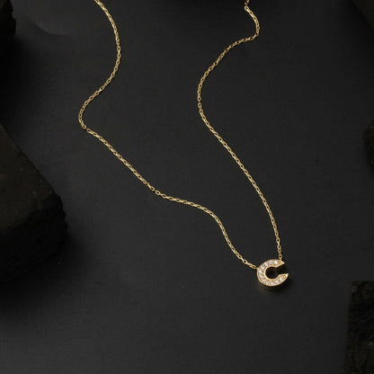 14K Yellow Gold C Initial Minimalist Cubic Zirconia Necklace