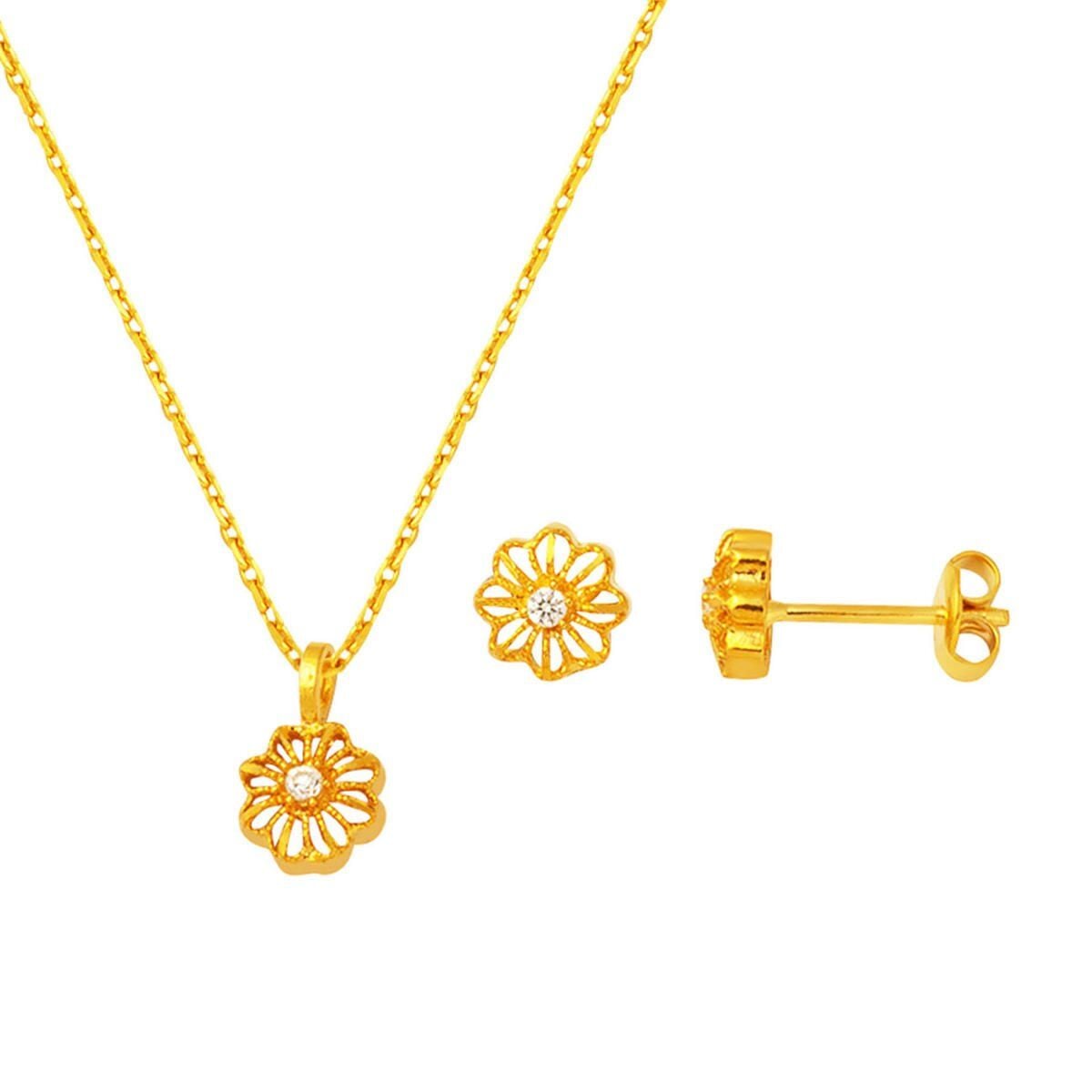 22K Yellow Gold Flower Cubic Zirconia Set