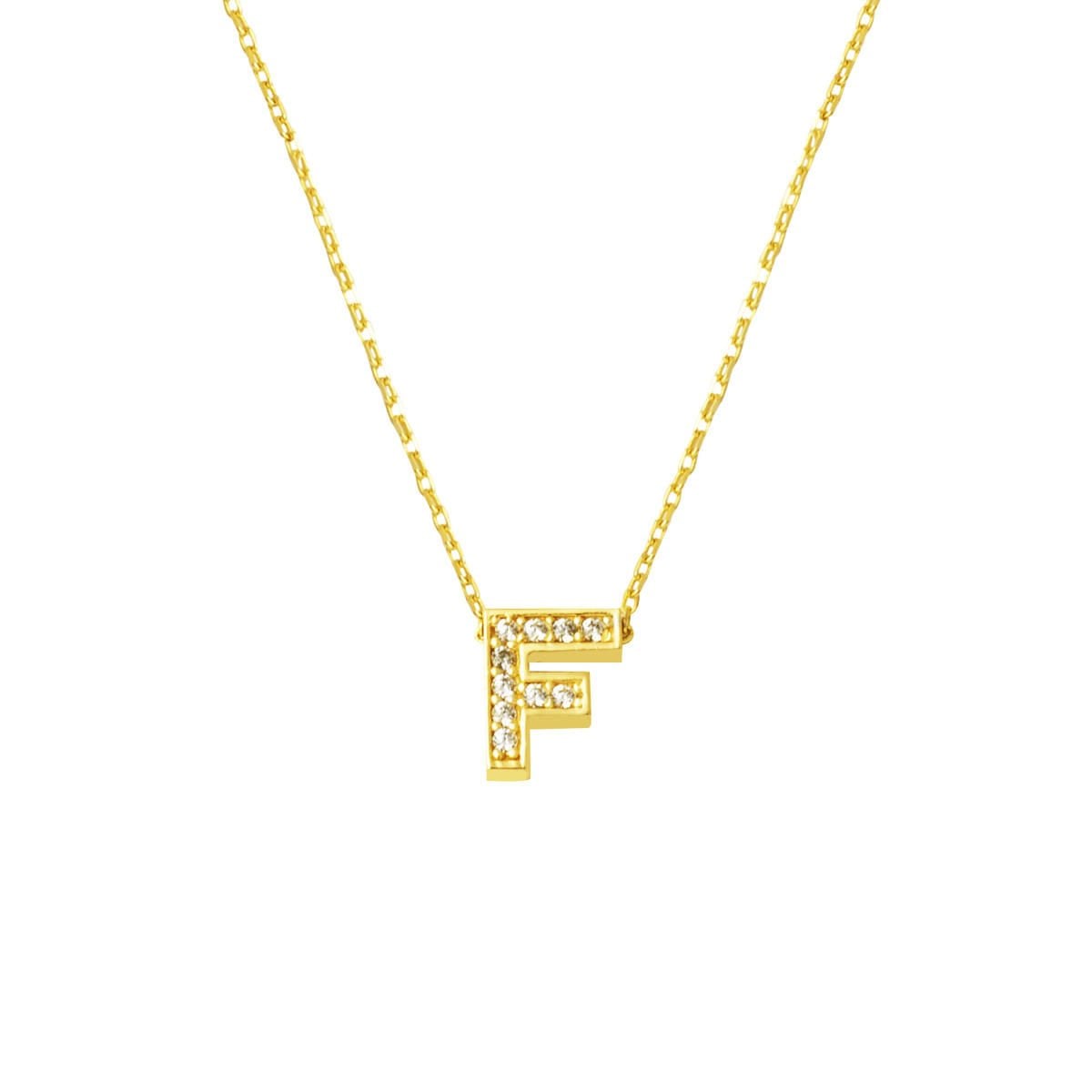 14K Yellow Gold Minimalist F Initial Cubic Zirconia Necklace