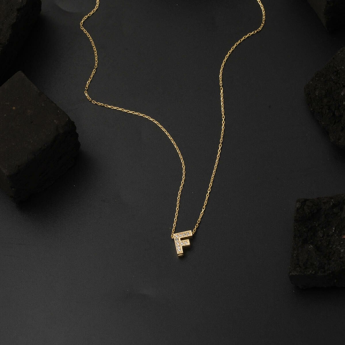 14K Yellow Gold Minimalist F Initial Cubic Zirconia Necklace