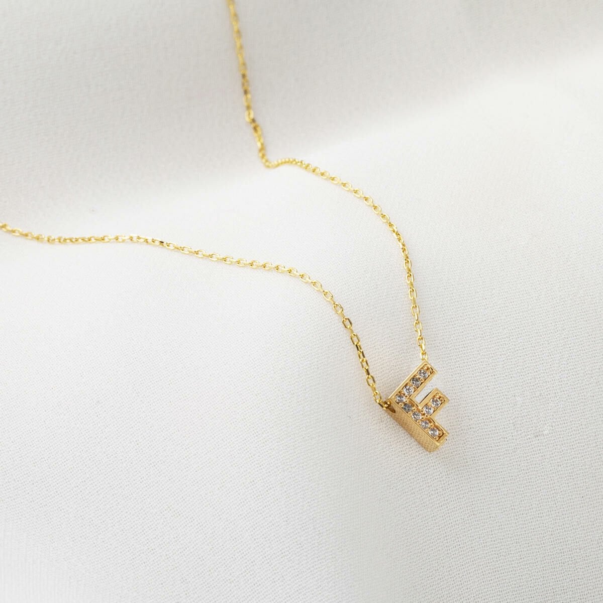 14K Yellow Gold Minimalist F Initial Cubic Zirconia Necklace
