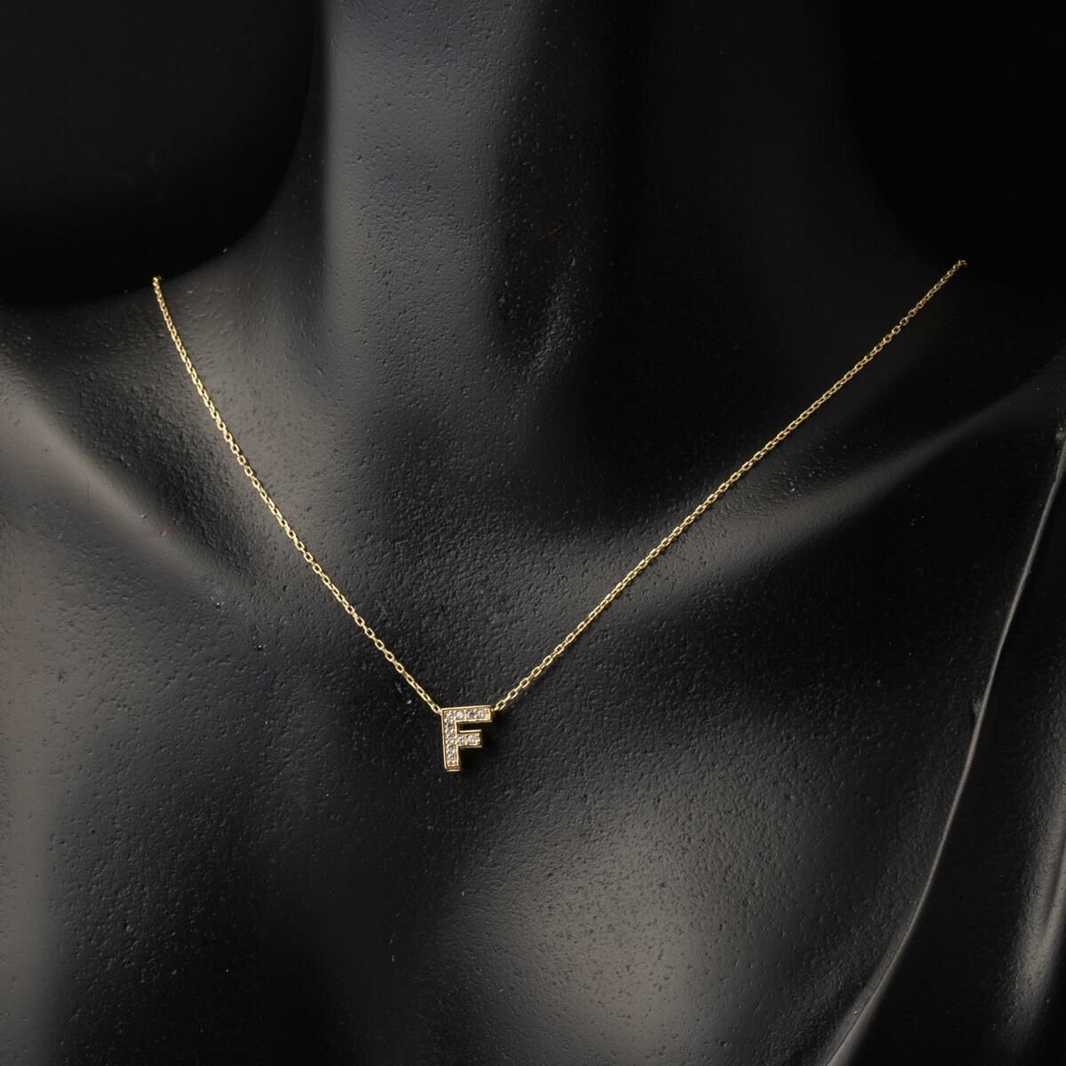 14K Yellow Gold Minimalist F Initial Cubic Zirconia Necklace