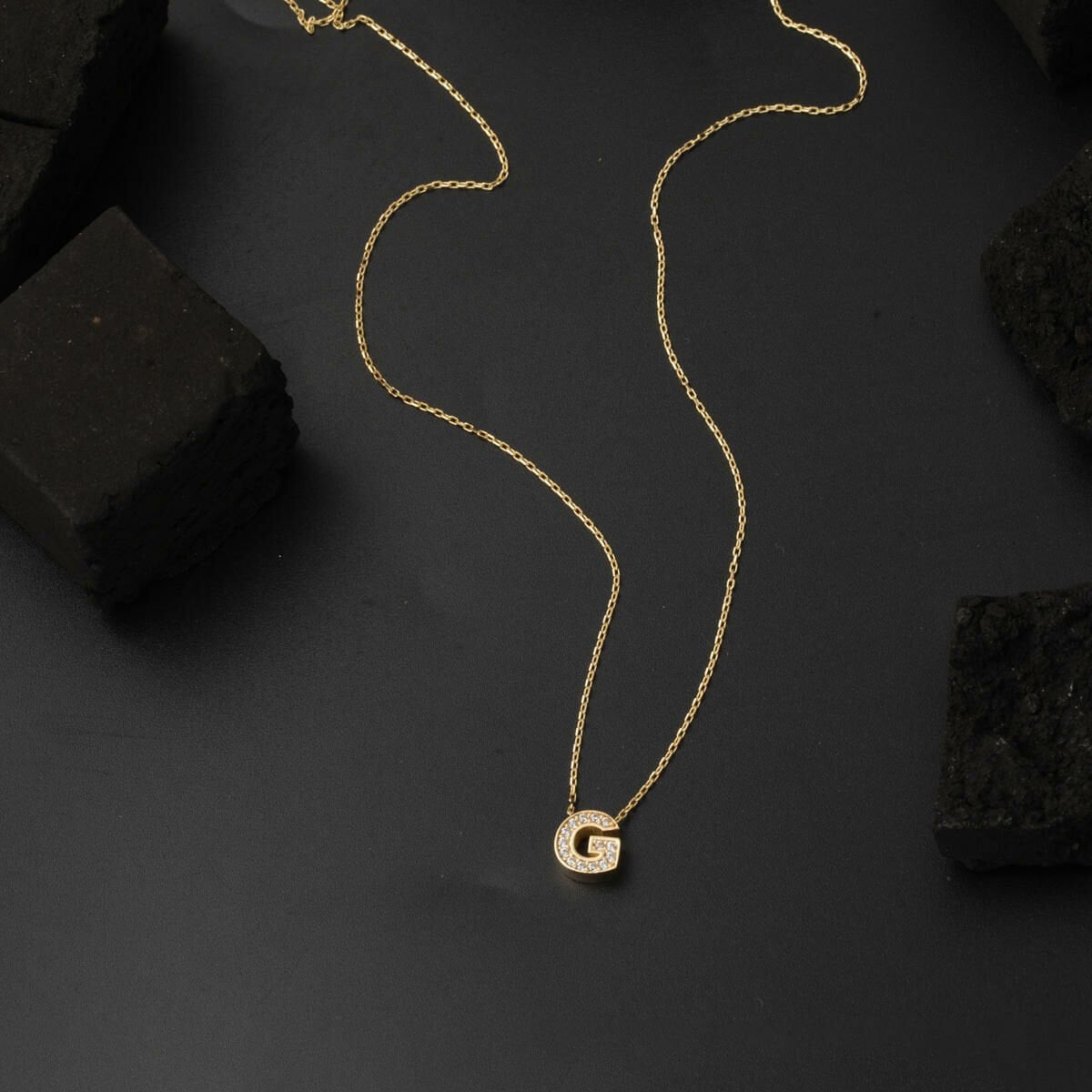 14K Yellow Gold G Initial Minimalist Cubic Zirconia Necklace