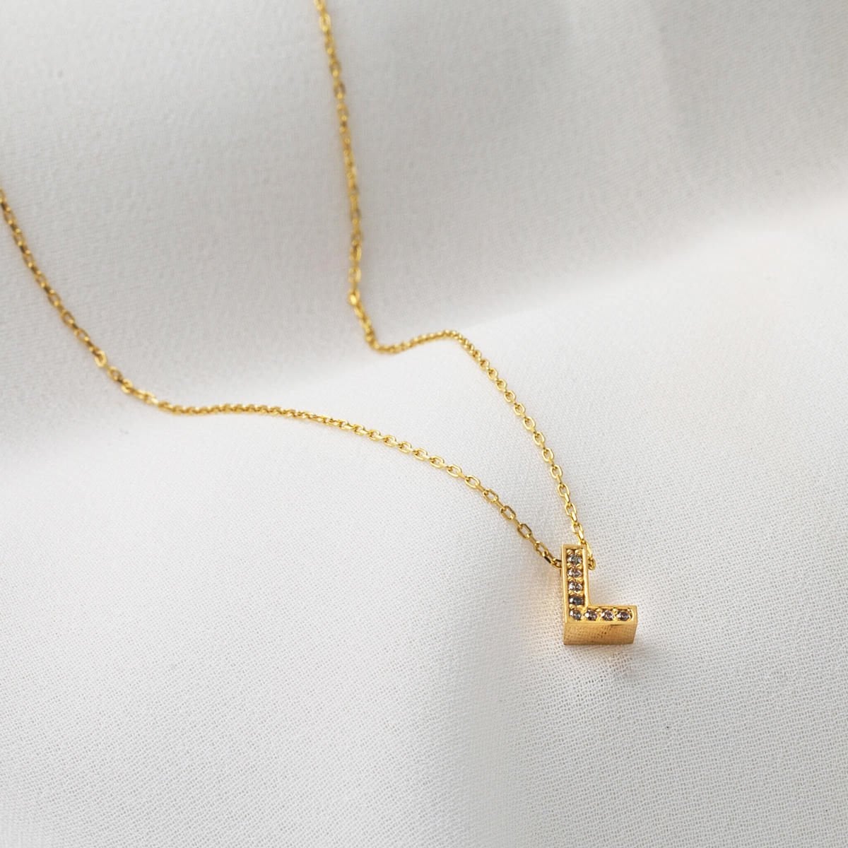 14K Yellow Gold L Initial Cubic Zirconia Minimalist Initial Necklace