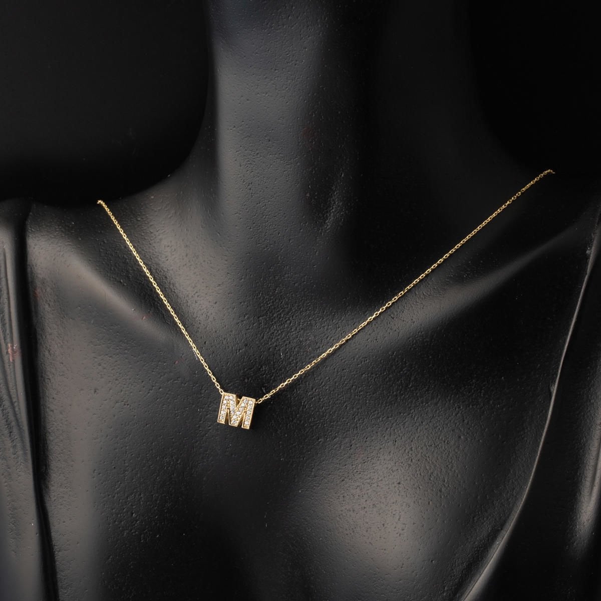 14K Yellow Gold M Initial Minimalist Cubic Zirconia Necklace
