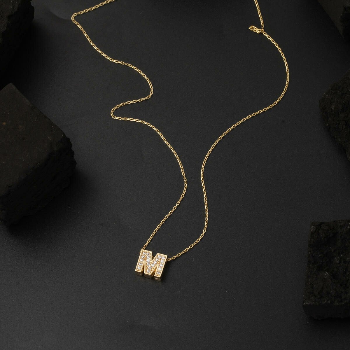 14K Yellow Gold M Initial Minimalist Cubic Zirconia Necklace
