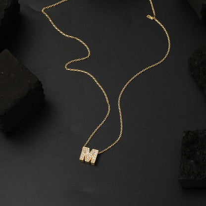 14K Yellow Gold M Initial Minimalist Cubic Zirconia Necklace