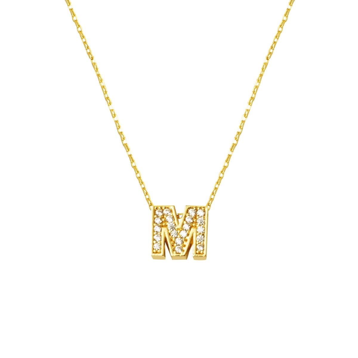 14K Yellow Gold M Initial Minimalist Cubic Zirconia Necklace