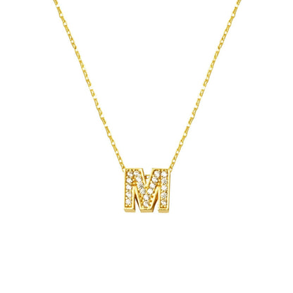 14K Yellow Gold M Initial Minimalist Cubic Zirconia Necklace