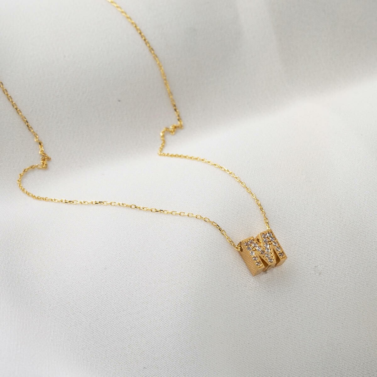 14K Yellow Gold M Initial Minimalist Cubic Zirconia Necklace
