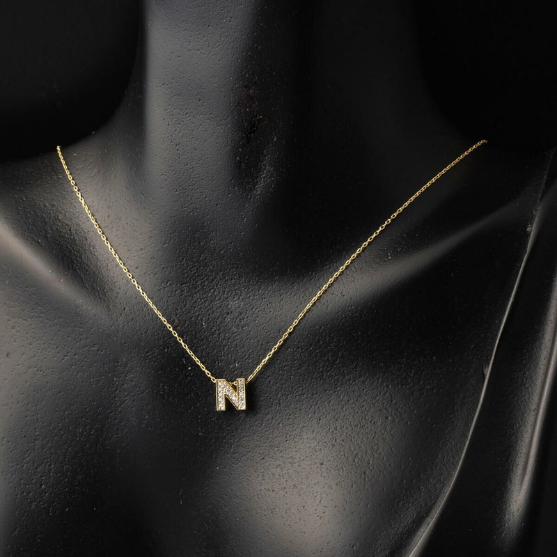 14K Yellow Gold Minimalist Initial N Cubic Zirconia Necklace