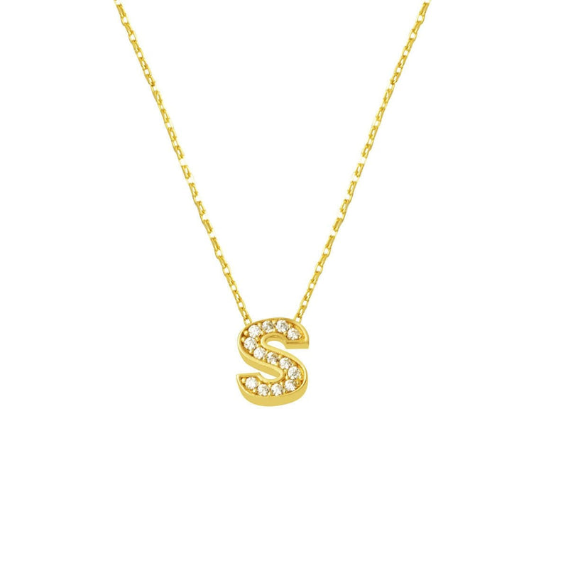 14K Yellow Gold S Initial Minimalist Cubic Zirconia Necklace
