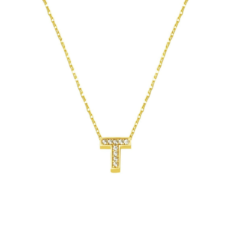 14K Yellow Gold Minimalist Initial T Cubic Zirconia Necklace