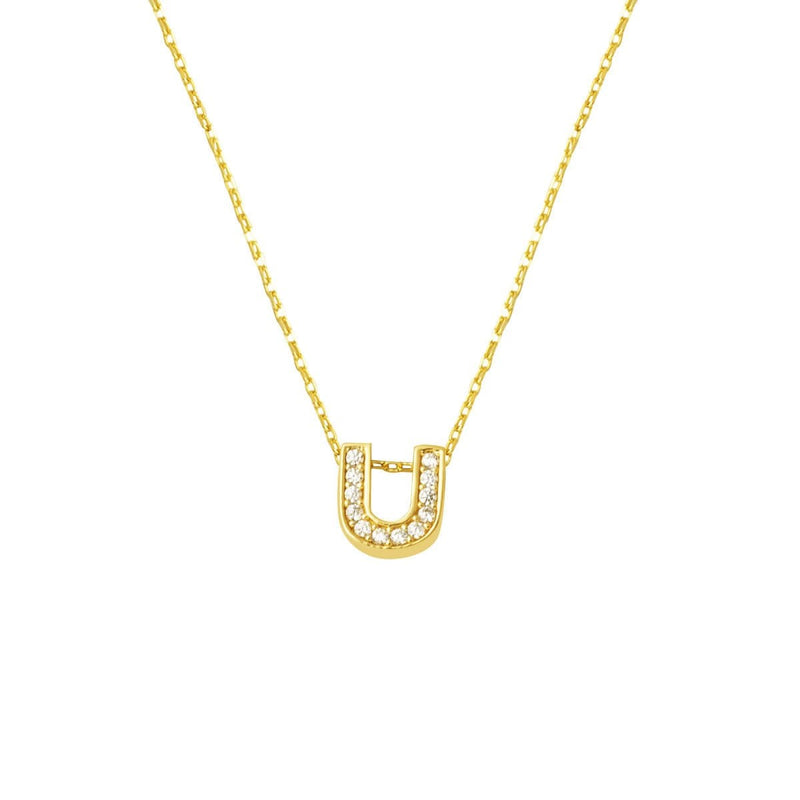 14K Yellow Gold Minimalist U Initial Cubic Zirconia Necklace
