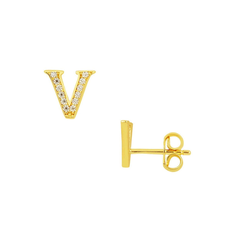 14K Yellow Gold V Initial Studded Cubic Zirconia Earrings