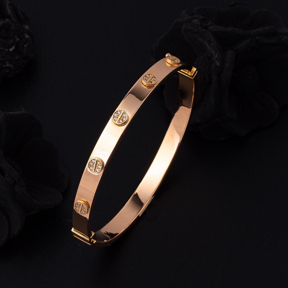 14K Rose Gold Screw Back Cubic Zirconia Hinged Cuff Bangle