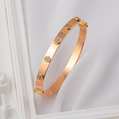 14K Rose Gold Screw Back Cubic Zirconia Hinged Cuff Bangle