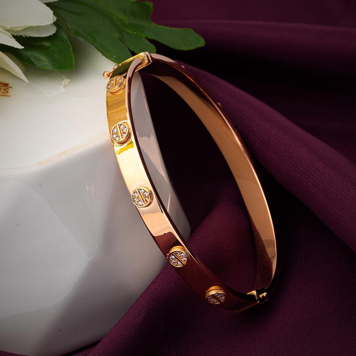 14K Rose Gold Screw Back Cubic Zirconia Hinged Cuff Bangle