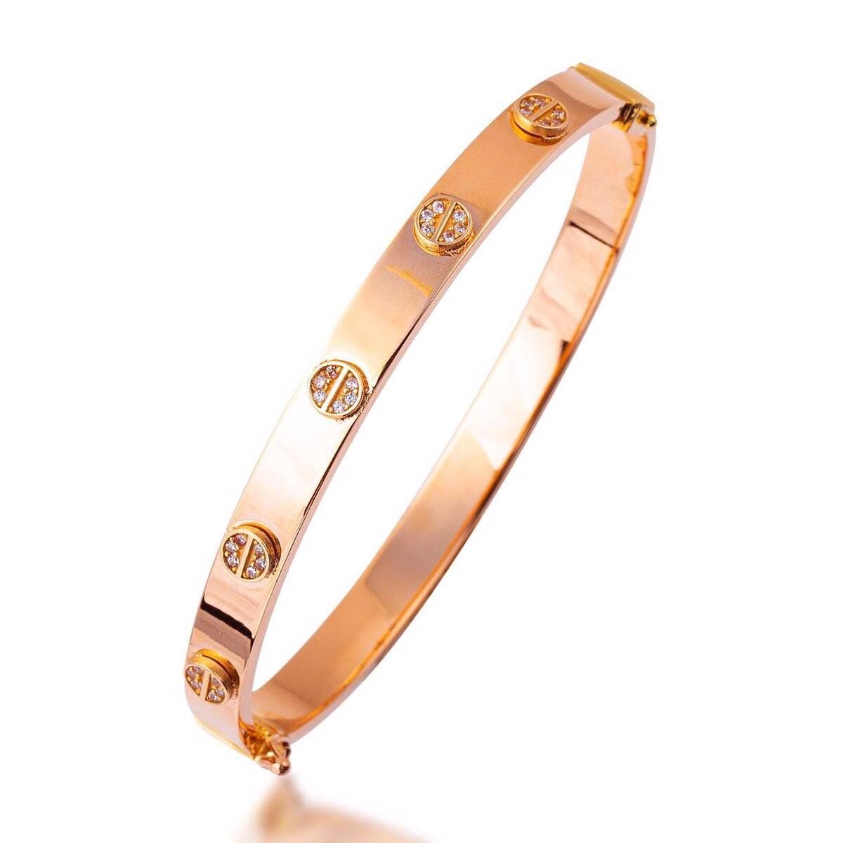 14K Rose Gold Screw Back Cubic Zirconia Hinged Cuff Bangle