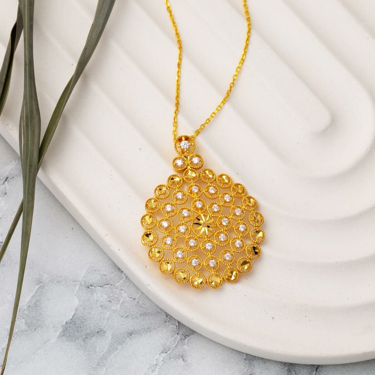 22K Yellow Gold Flower of Life Cubic Zirconia Necklace