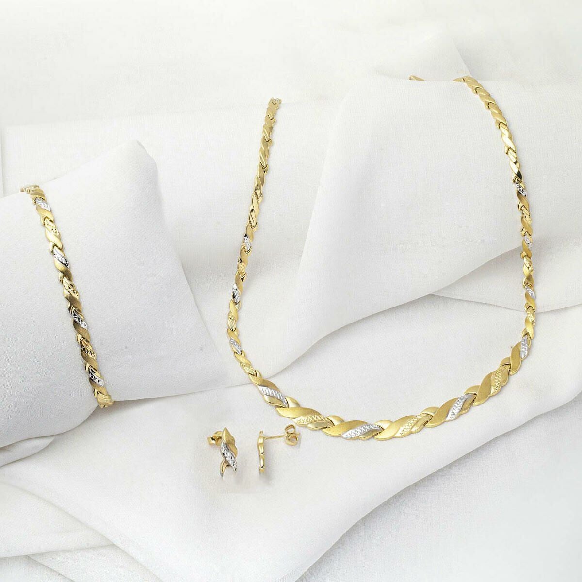 14K Yellow Gold Handcrafted Necklace Bracelet and Earrings Jewelry Set