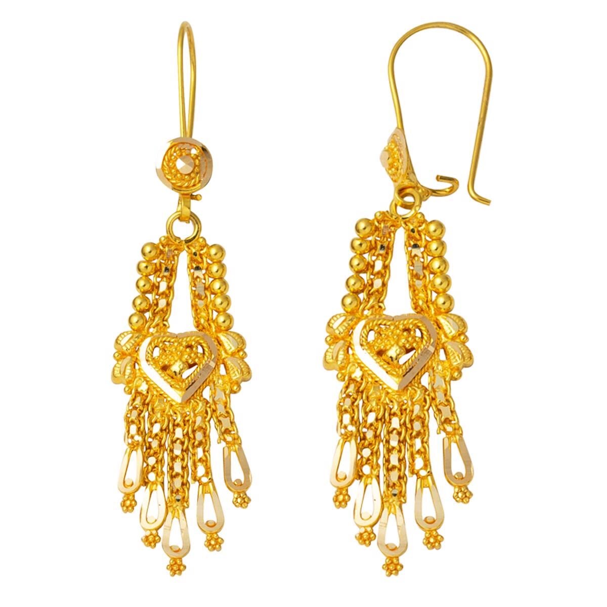 14K Yellow Gold Heart Drop Indian Style Earrings