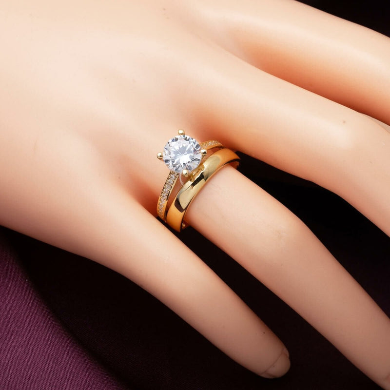 14K Yellow Gold Solitaire Wedding Band Combined Cubic Zirconia Ring
