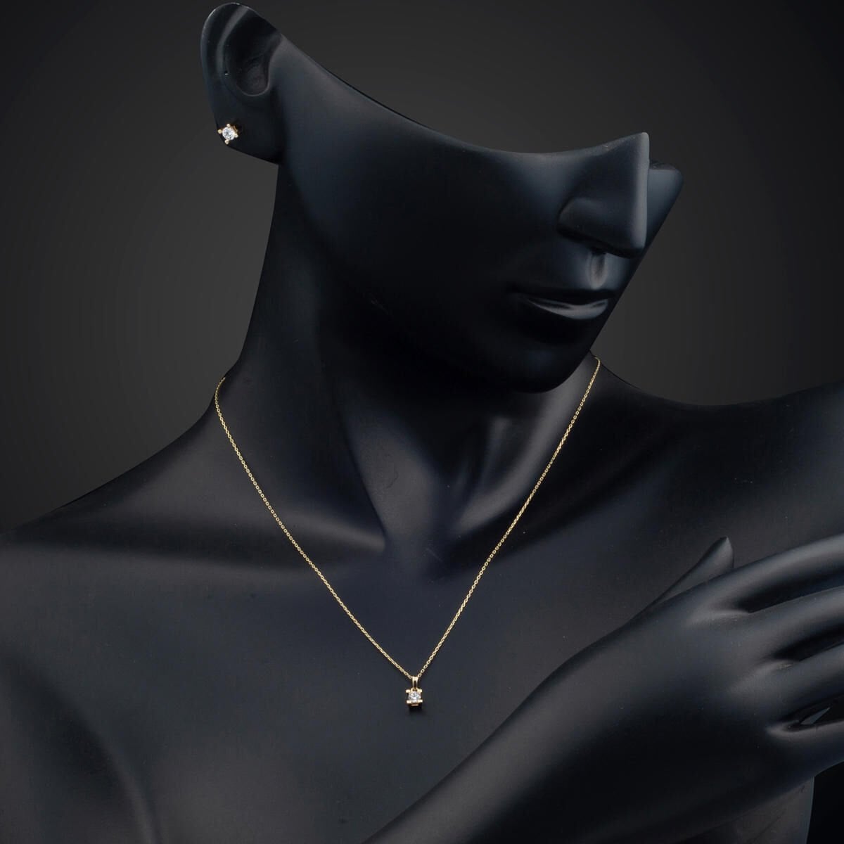 14K Yellow Gold Minimalist Solitaire Cubic Zirconia Necklace and Earrings Set (3.05 g)