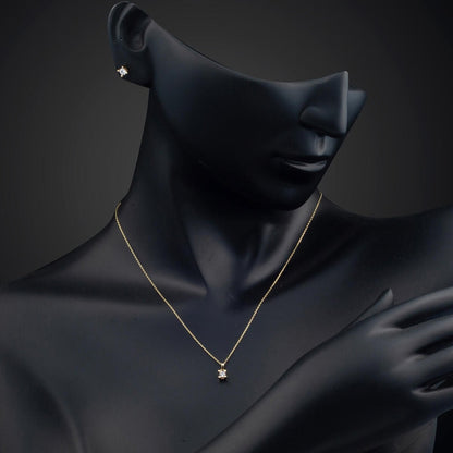 14K Yellow Gold Minimalist Solitaire Cubic Zirconia Necklace and Earrings Set (3.05 g)