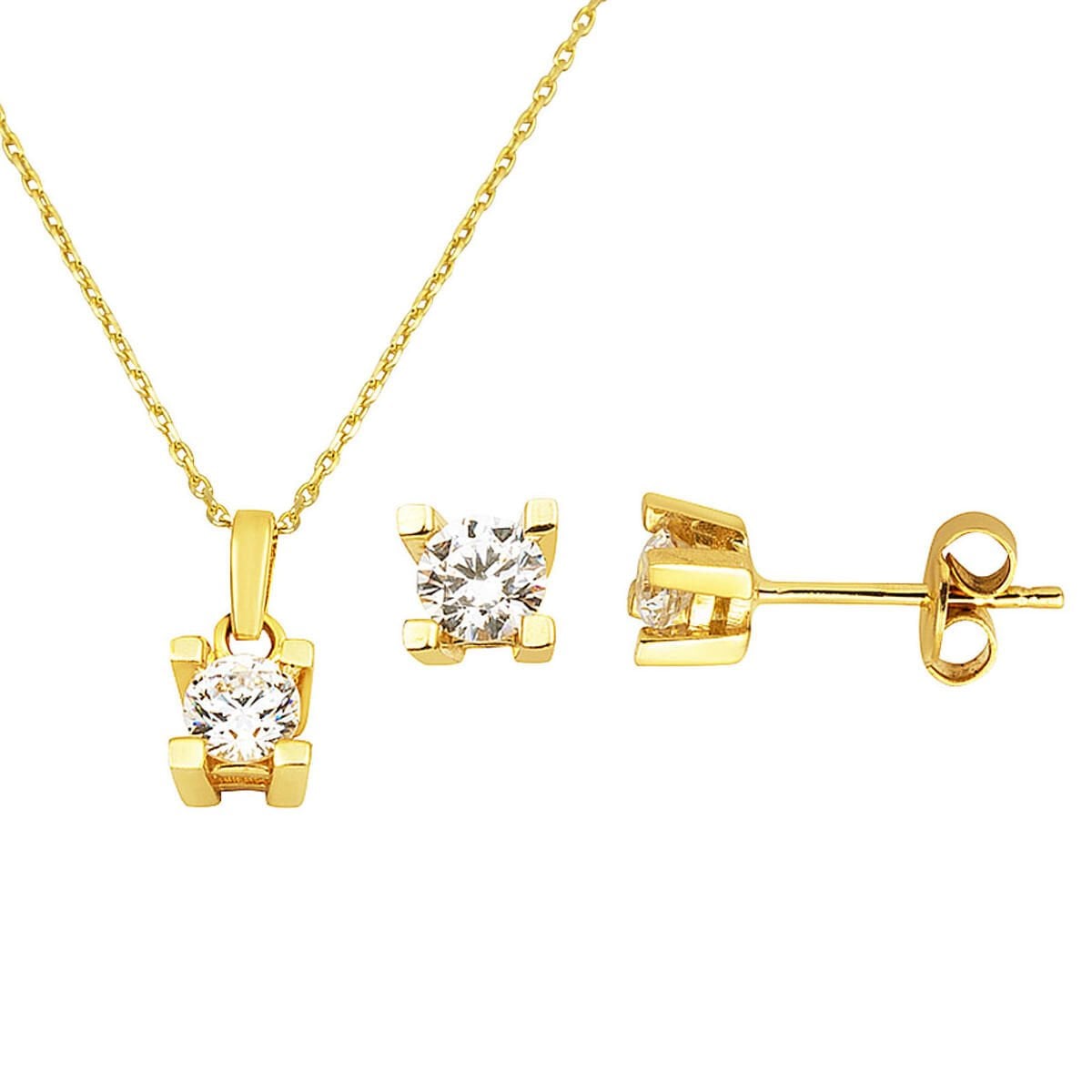 14K Yellow Gold Minimalist Solitaire Cubic Zirconia Necklace and Earrings Set (3.05 g)