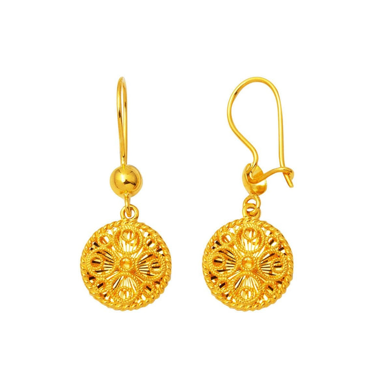 14K Yellow Gold Filigree Engraved Dangle Earrings