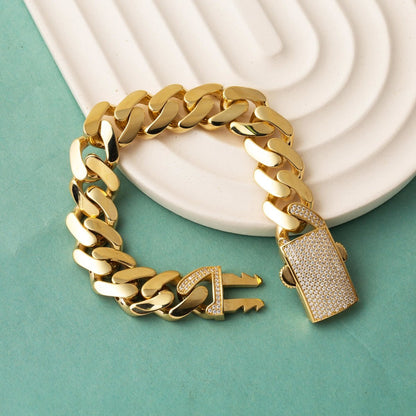 14K Yellow Gold Thick Curb Cubic Zirconia Buckle Bracelet