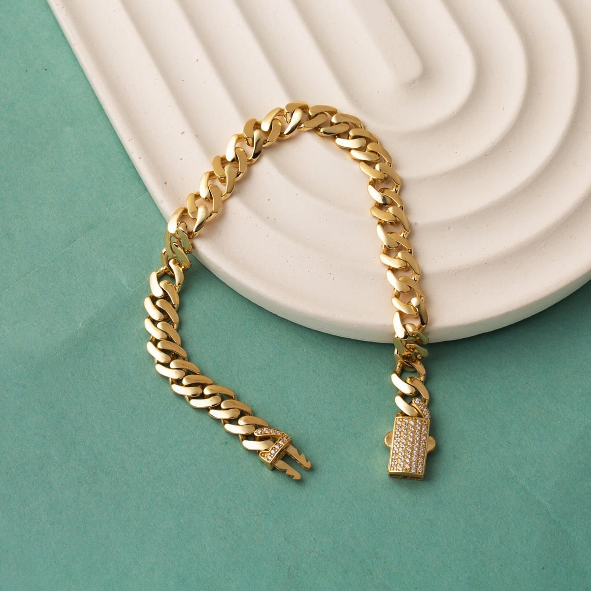 14K Yellow Gold Buckle Curb Cubic Zirconia Bracelet