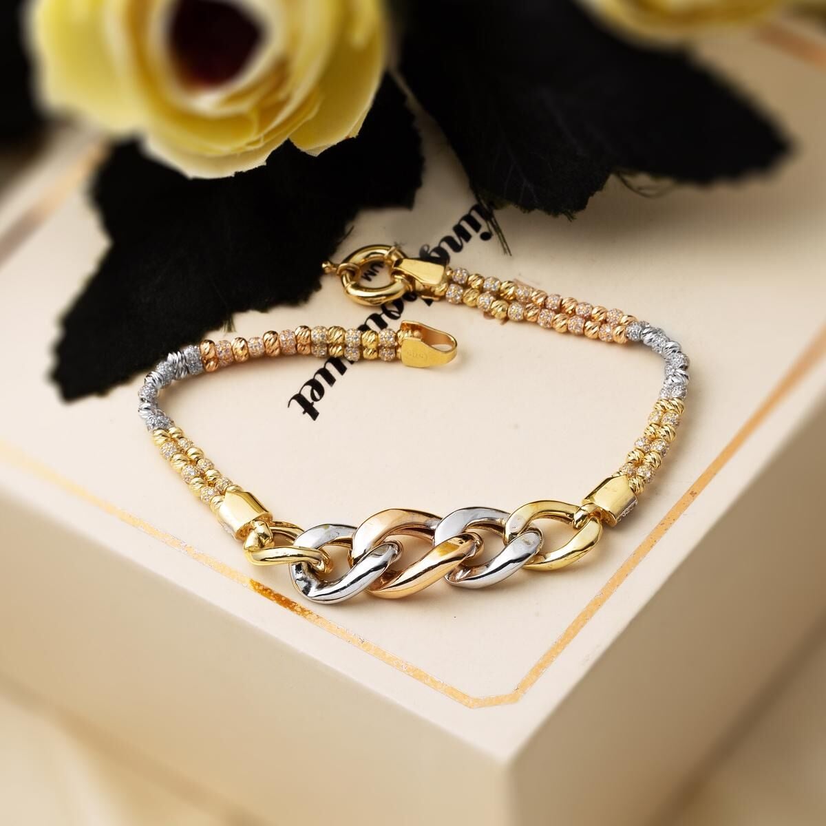 14K Yellow Gold Ball Hoop Cubic Zirconia Bracelet