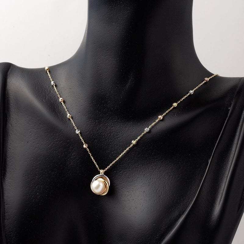 14K Yellow Gold Ball Chain Pearl Necklace
