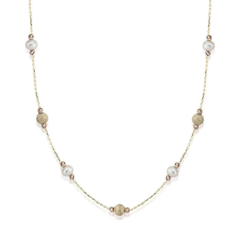 14K Yellow Gold Ball Pearl Chain Necklace