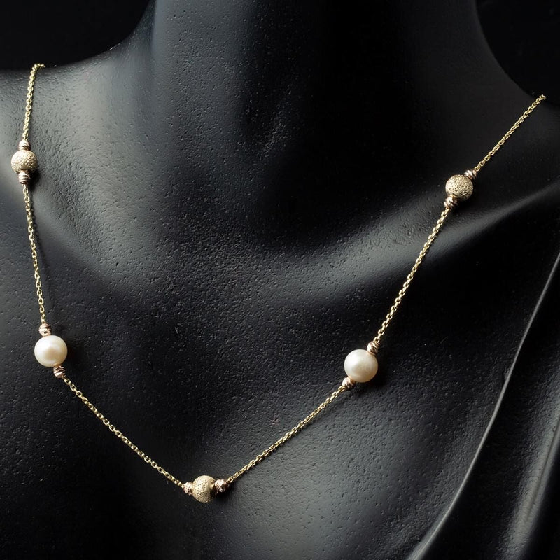 14K Yellow Gold Ball Pearl Chain Necklace
