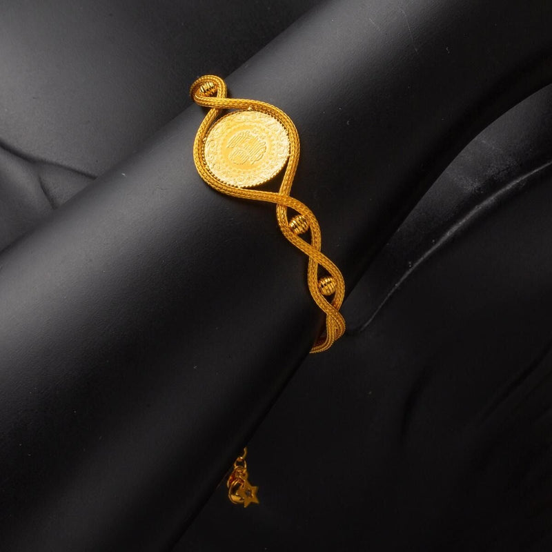 14K Yellow Gold Bead Braided Chain Quarter Coin Bracelet